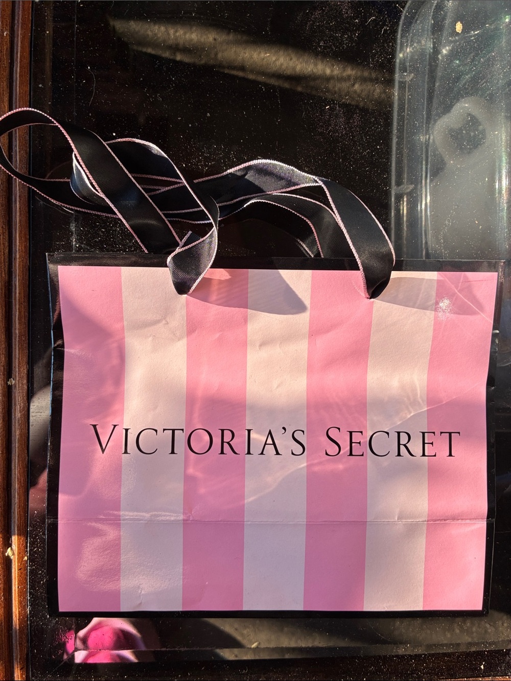 Victoria's Secret Pink & Light Pink Striped Tote with Black Ribbon Handles